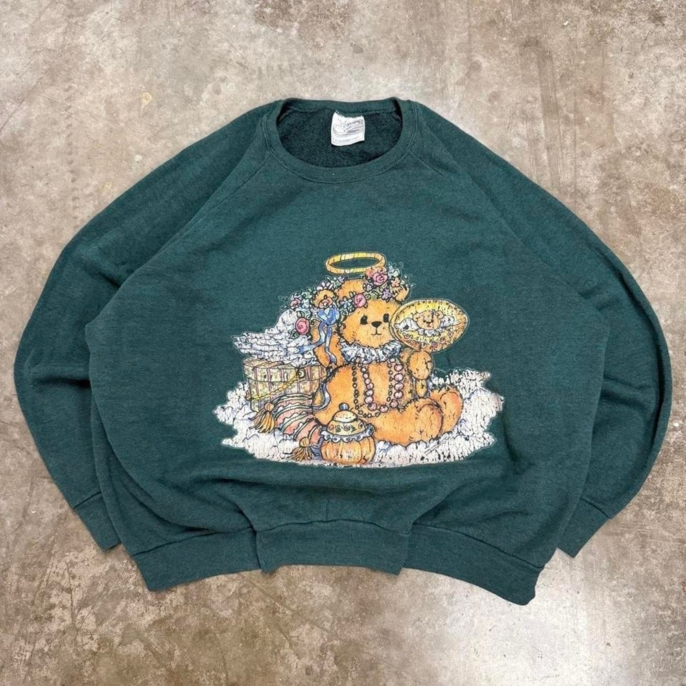 Vintage 90s Green Teddy Bear Grandma Style Boxy‎ Fit Crewneck Sweatshirt Size XL